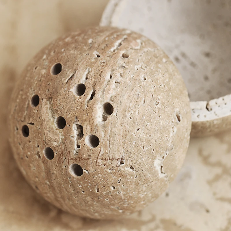 

Natural Beige Travertine Marble Stone 9 Holes Sphere Incense Burner Arabian Mubkhar Wood Plate Container Tabletop Incense Holder