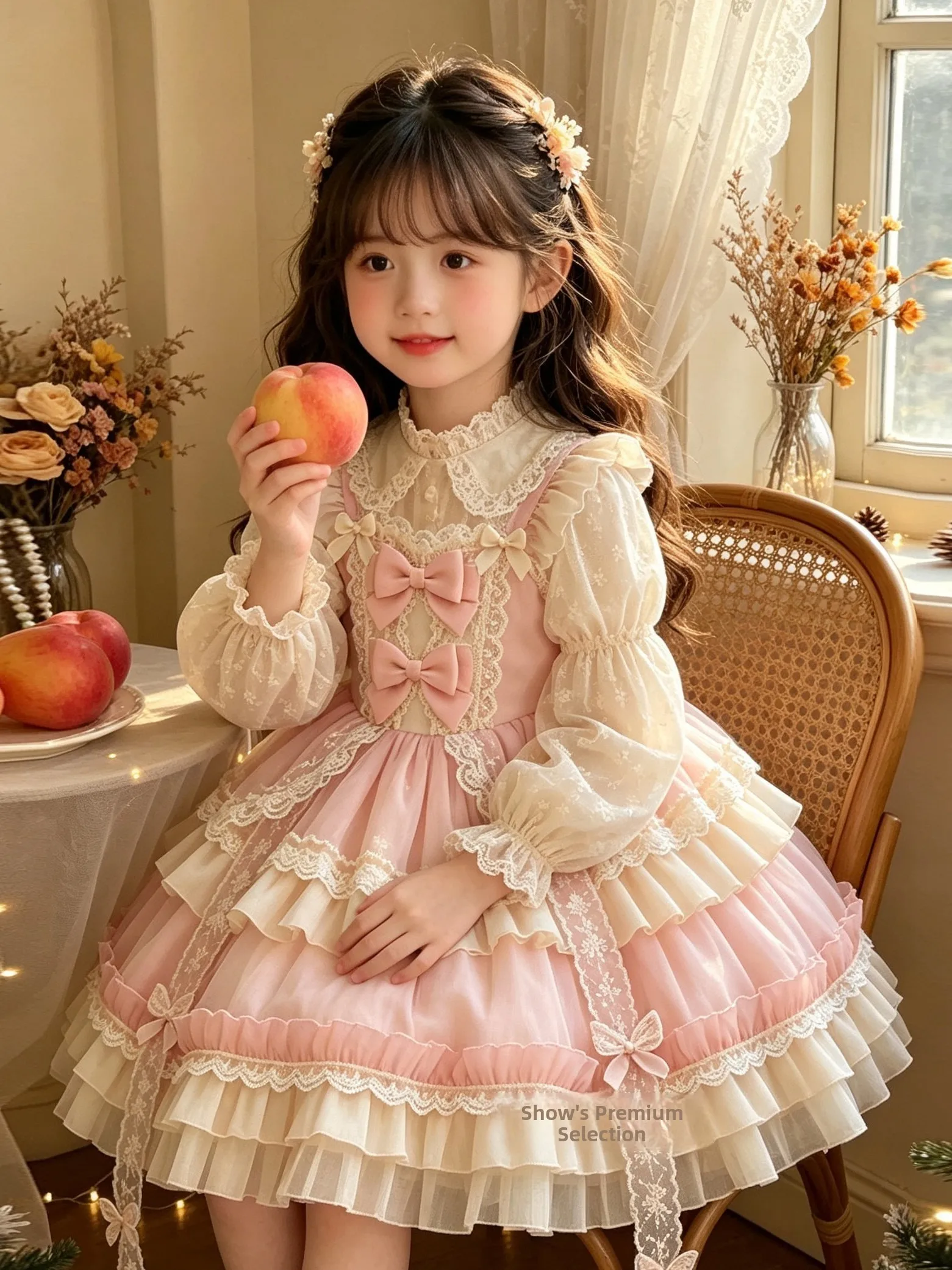 Cute Princess Dress for Girls Birthday Cake Design Multi-layered Skirt Long Sleeve Medium-length Fairy Dress  Knot