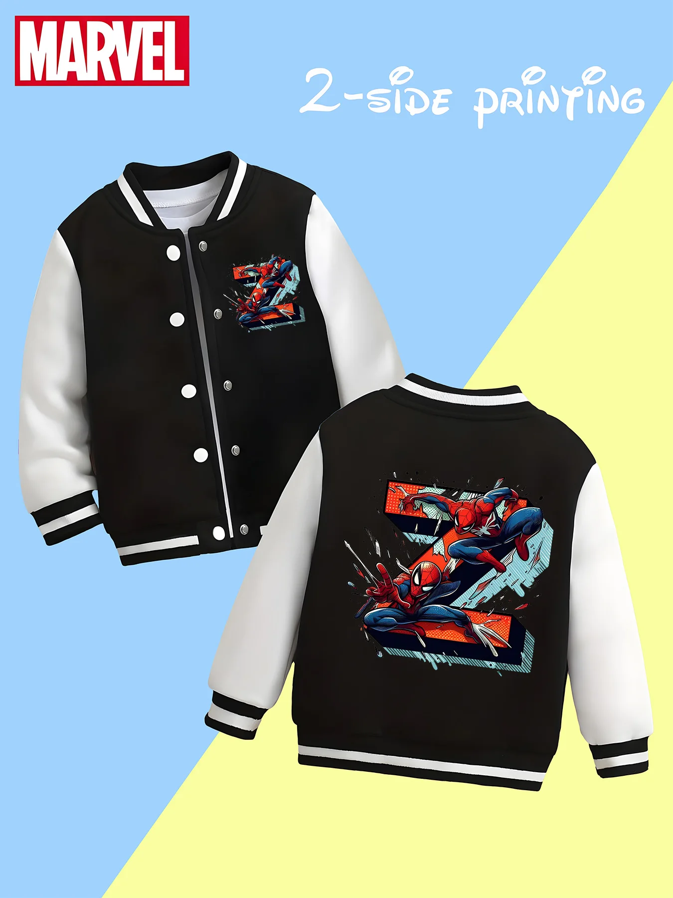 

MINISO Marvel Spider-Man Boys Baseball Jacket - Double-sided cute hero print, black and white, soft fabric, comfortable and skin