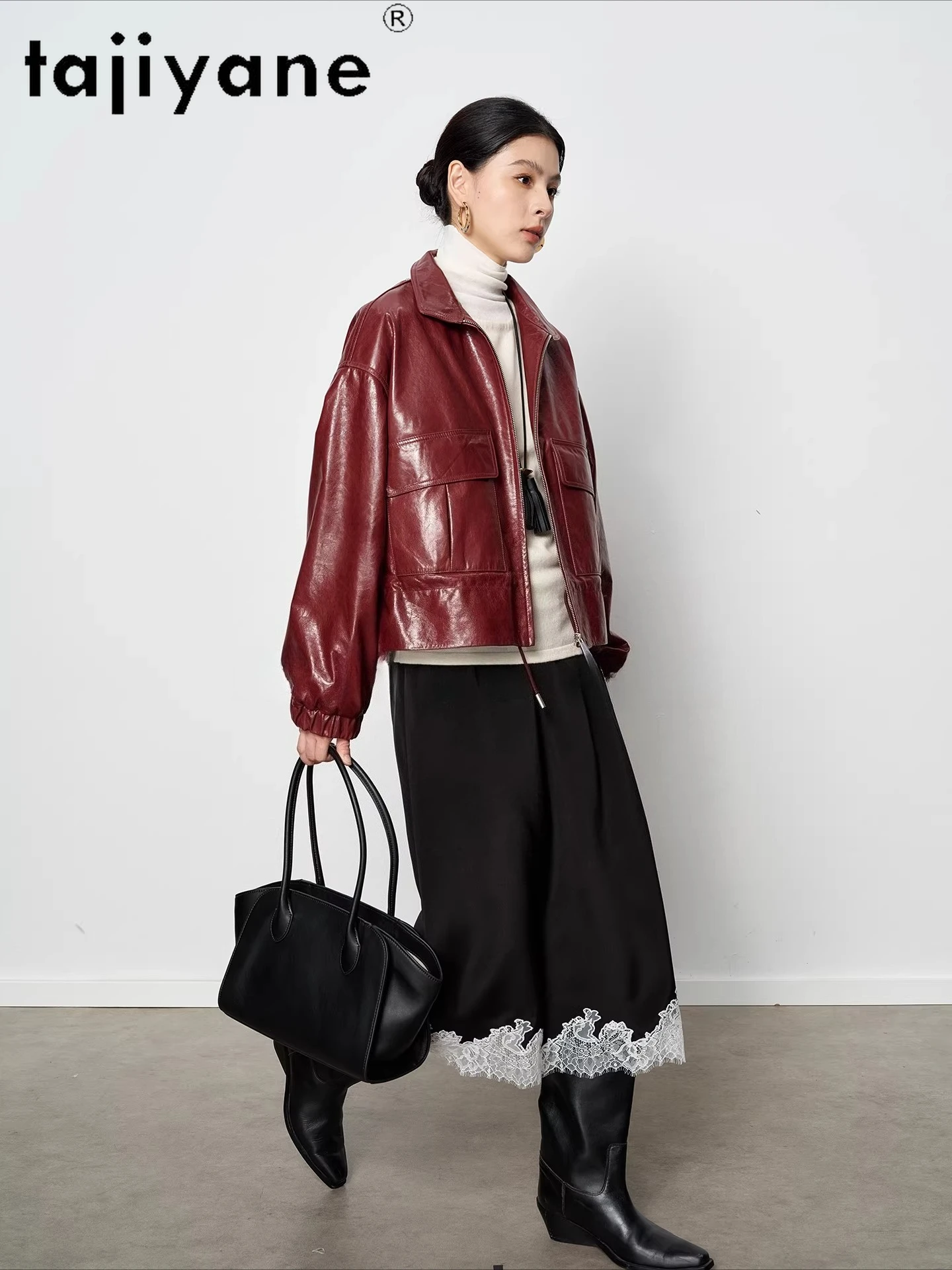 سترة من جلد الماعز الحقيقي من TAJIYANE معطف نسائي قصير أنيق عالي الجودة سترات من الجلد الطبيعي ملابس حريمي خريف 2025 schuba