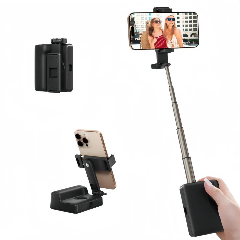 Palo de selfie plegable portátil con 360 ° Soporte giratorio para teléfono, control remoto inalámbrico y disparo con un solo botón para Vlogging/transmisión en vivo