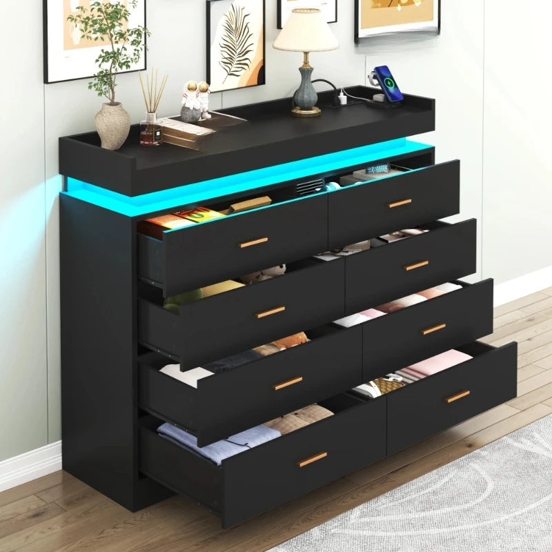 8 Drawer Dresser with LED Light, Modern Chest of Drawers for Closet, 47