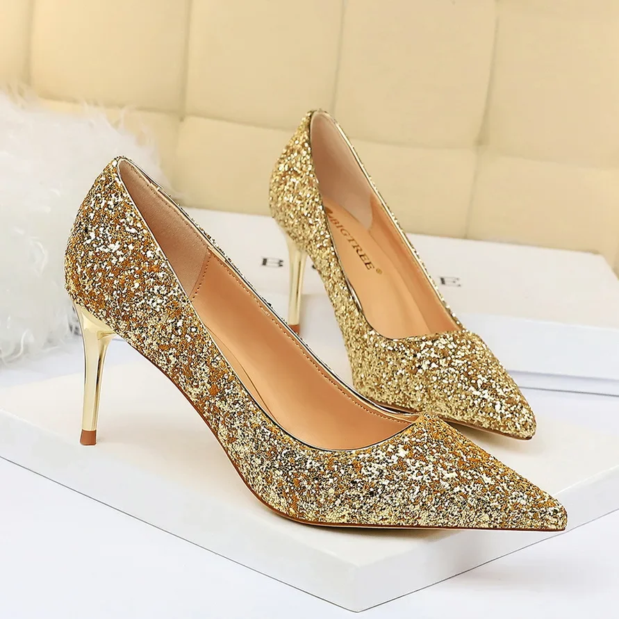 Women 7cm 9.5cm High Heels Pumps Wedding Scarpins Sparkly Mid Low Heels Lady Party Sequins Glitter Evening Gold Silver Red Shoes