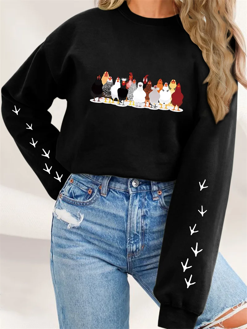 New autumn and winter fashion fun cute round neck thickened warm chicken chicken footprints printed ladies retro pullover hoodie