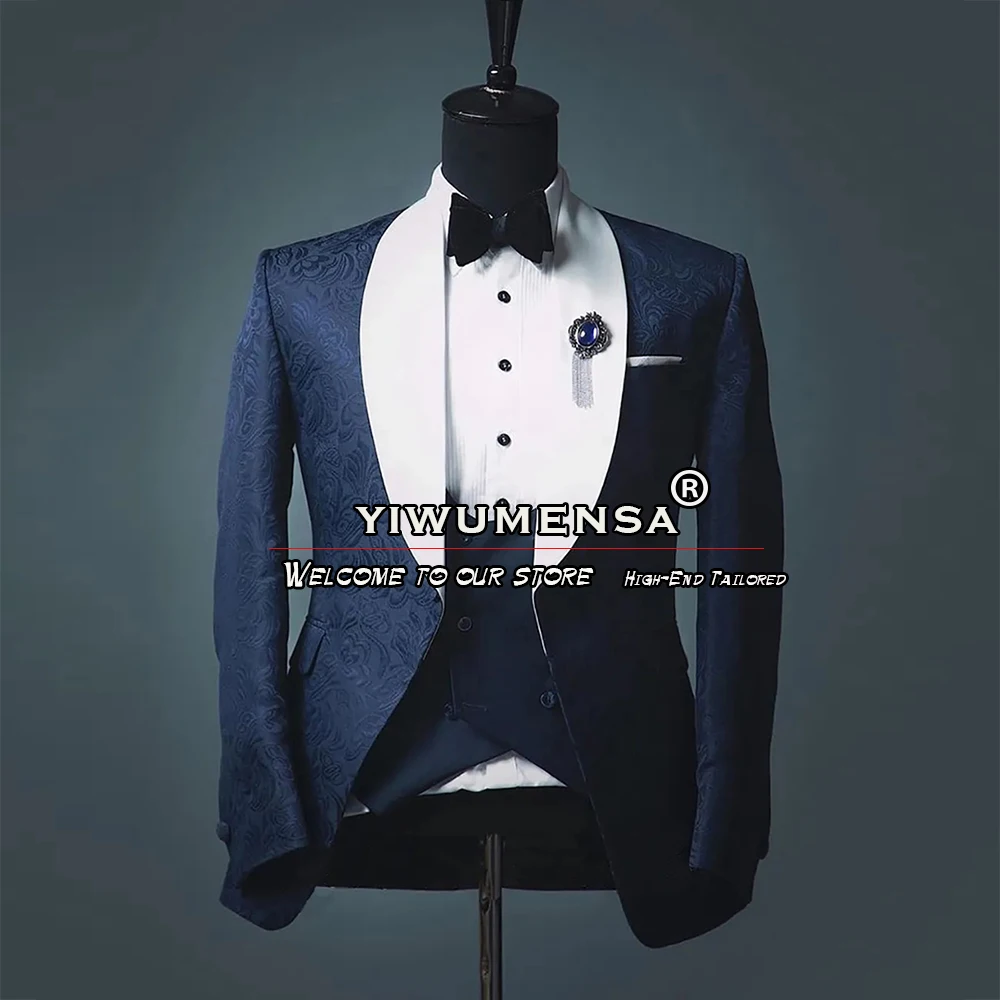 

Tailore Made Wedding Suits For Men Navy Jacquard White Lapel Blazer Formal Groom Wear Tuxedo Prom Banquet Elegant Dress Business