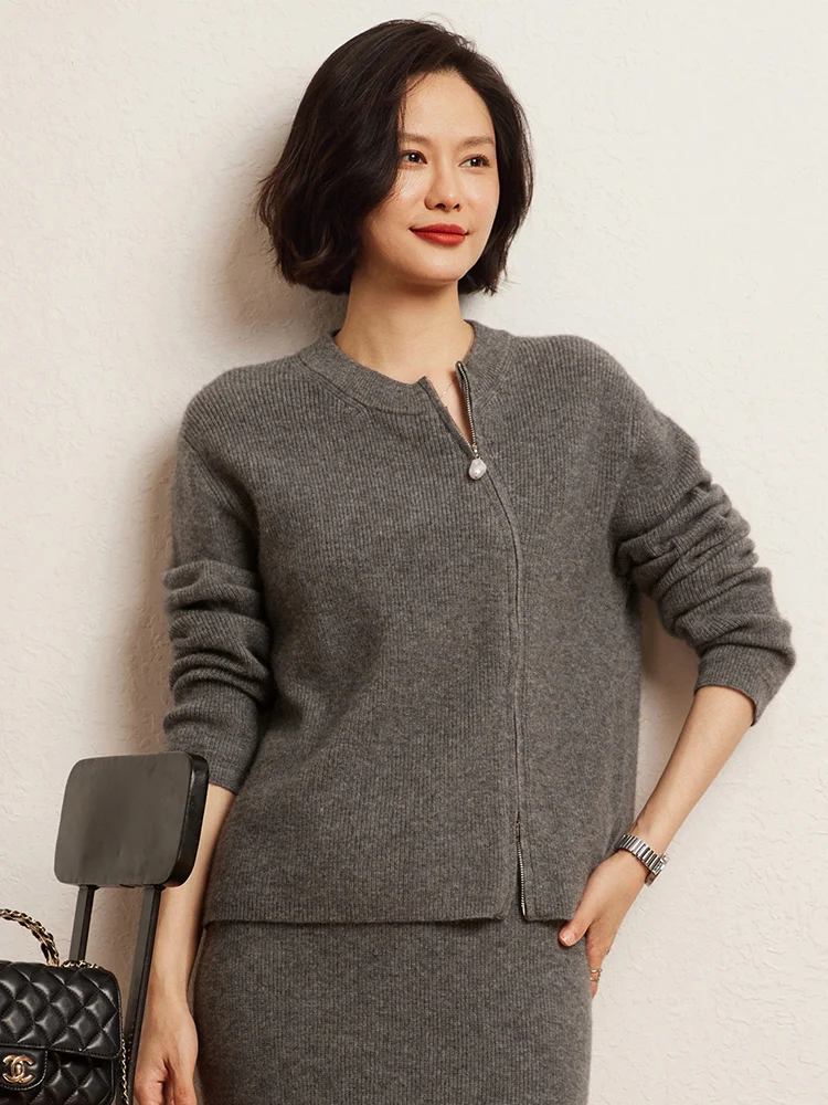 Korean Women’s Cashmere Sweater O-Neck Pullover 100% Cashmere Diagonal Zipper Cardigan Knitted Autumn Winter Thick Warm Clothes