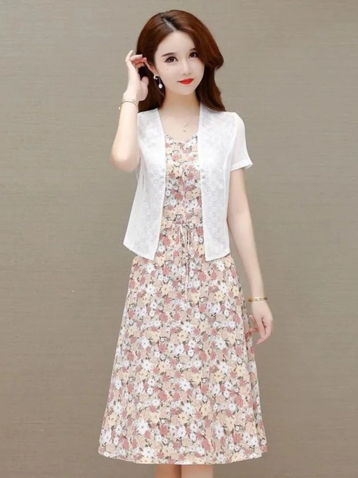 floral-print-women's-dress-two-piece-set-lace-trim-slim-fit-korean-style-summer-2024-fashionable-cardigan-and-ear-cuff