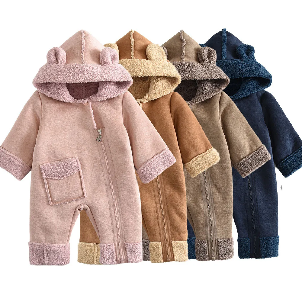 

Newborn Baby Winter Thicken Warm Fleece Romper Toddler Solid Hooded Zipper Faux Fur One-piece Bodysuit Infant Jumpsuit Playsuit