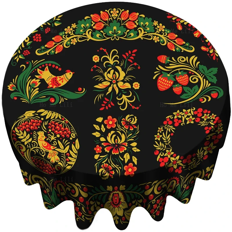 Traditional Floral Gzhel Bird Ethnic Russian Seamless Pattern Khokhloma Style Round Tablecloth By Ho Me Lili For Tabletop Decor