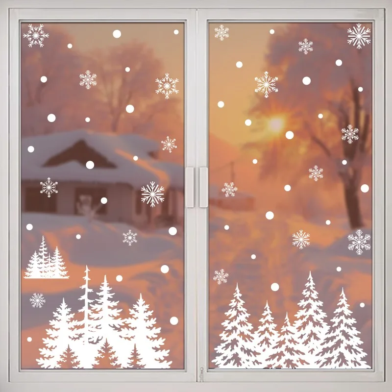 Christmas Static Window Clings, White Forest Snow Scene Sticker, Snowflake Glass Decal, Xmas Party Window Decoration