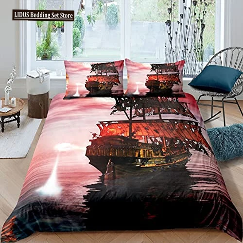 Beautiful Pink Sunset Boat Duvet Cover Set Sea Boat Comforter Cover Polyester Bedding Set With Pillowcase For Kids Boys Girls