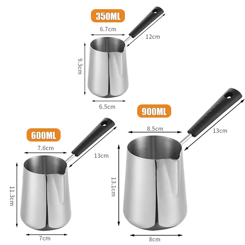 Long Handle Turkish Coffee Pot with Pouring Spout Stainless Steel Milk Butter Warmer Pot Stovetop Chocolate Melting Pan