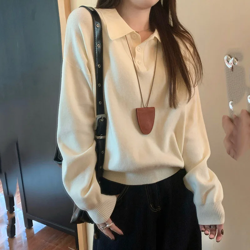 College Style Lapels Knitted Sweater Women Fashion Loose Long Sleeve Jumper Tops Woman Thicken Soft Vintage Pullover Sweaters
