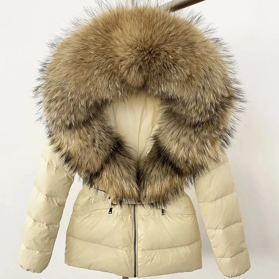 Winter Women Hooded White Duck Down Coat Natural Real Raccoon Fox Fur Collar Jacket Belt Thick Warm Casual Outerwear