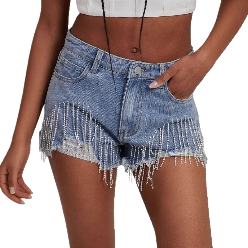 

2026 New Summer Ripped Denim Shorts for Women High Waist Diamond Tassel Casual Jeans Shorts Ladies Streetwear Party Bottoms