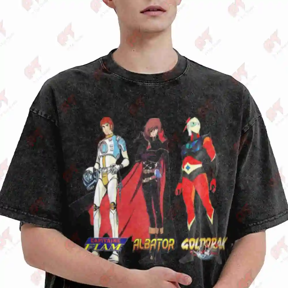 2026 Anime Hero Characters Captain Flam Albator Actarus Vintage Washed Tee Pure Cotton T-Shirt