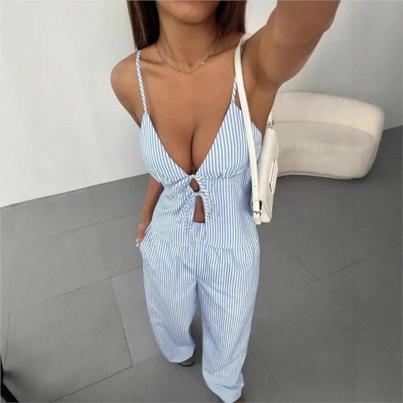 

Сексуальные полосатые подтяжки, ажурный топ на шнуровке + широкие брюки, комплект из двух предметов, весенне-летний женский модный элегантный наряд