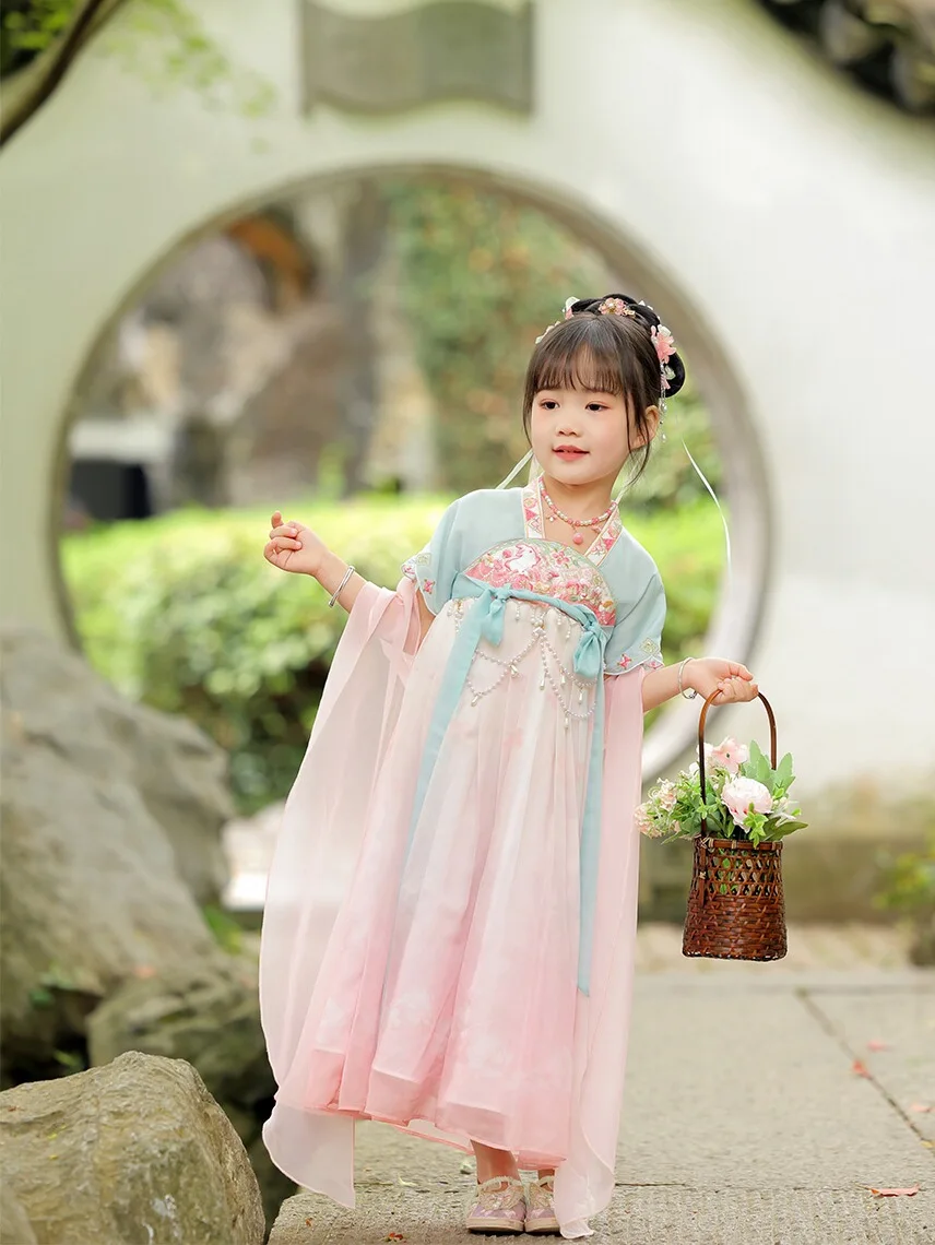 فستان صدر بناتي هانفو ، بدلة تانغ للأطفال ، زي قديم ، أكمام قصيرة ، رقيق ، صيفي