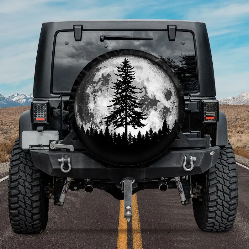 Retro Full Moon & Minimalist Pine Tree Vintage Spare Tire Cover,Personalized Tire Cover,Gift for Car Lover,RV SUV Tire Cover,Car