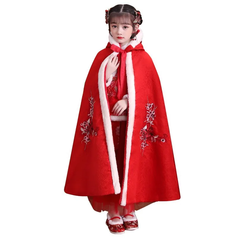 Children Girl Shawl Cloak Baby Out Windproof Hooded Coat Girl Plus Velvet Hanfu Cloak Chinese Style Autumn Winter Cape