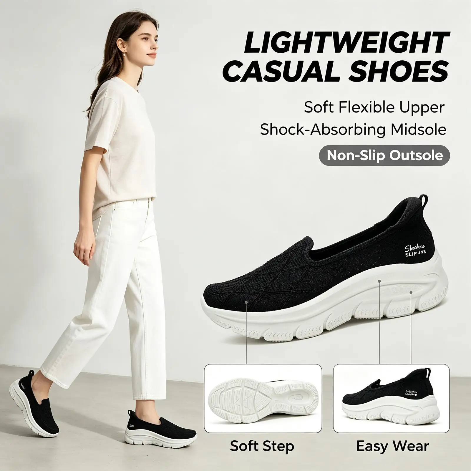 Skechers Casual Lightweight Official Genuine Breathable Women's Shallow Mouth Single Retro Trendy Mom Shoes159287-Blk