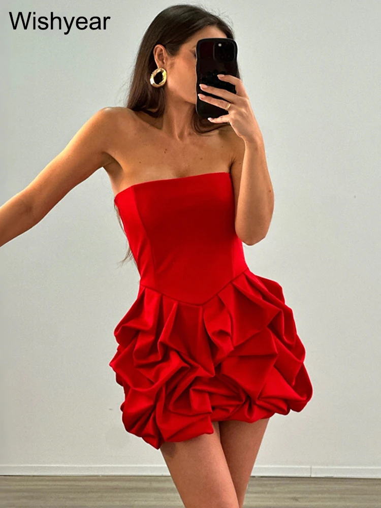 

New Red Dress Women Sexy Strapless Backless Pleated Ruffles Bubble Bodycon Mini Dresses Evening Party Elegant Summer Vestidos