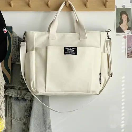 Bolsos de mano de lona simples y a la moda, bolsos cruzados reutilizables de gran capacidad, bolso de compras informal con múltiples bolsillos para mujer