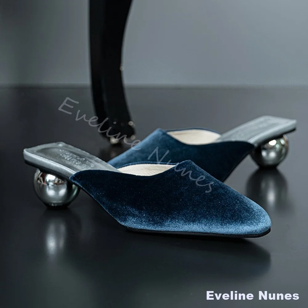 Mules de terciopelo azul para mujer, con punta en pico, tacón de bola redonda plateada, elegantes para fiestas y eventos de noche, zapatos de moda.