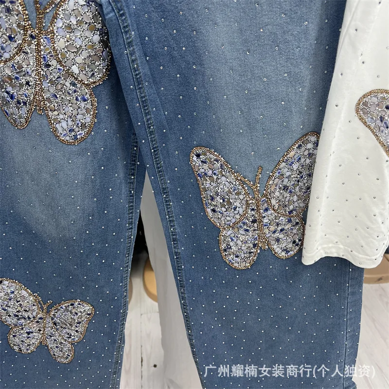 Fashionable Spring Summer Women Two-piece Set Butterfly Hot Diamonds White Short Sleeve T-shirt + High Waist Blue Denim Pants
