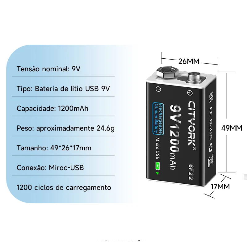 Bateria recarregável usb 9v 6f22 1200mah com bateria de íon-lítio de carregamento usb TYPE-C para brinquedo multímetro detector de metais