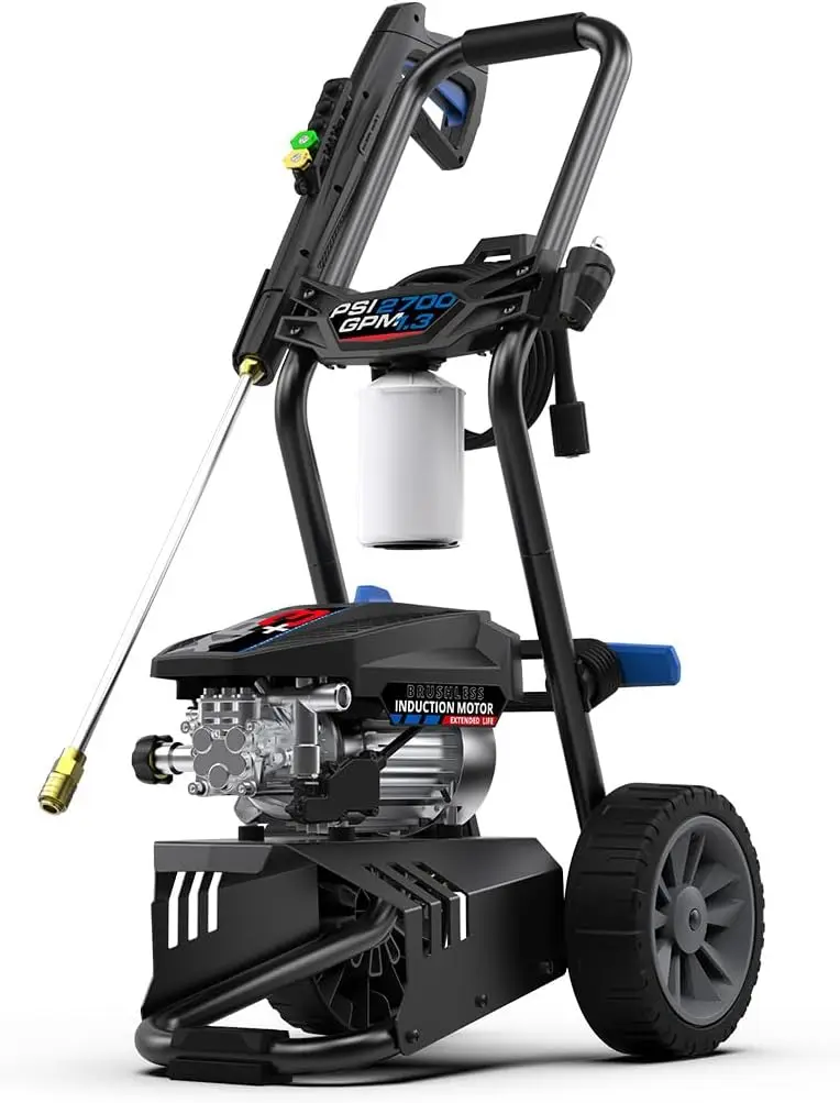 

Electric Pressure Washer-2700 PSI, 1.3 GPM, 15 Amps Quick Connect Accessories, Two Wheel Trolley, On Board Storage, Portable Pre