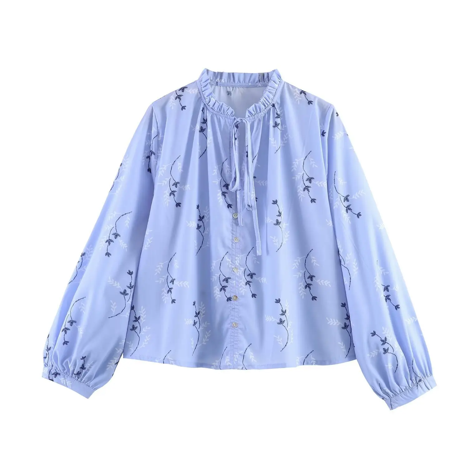 Withered Summer New Women's Clothing Sweet And Fashionable Long Sleeved Round Neck Embroidered Printed Shirt Top