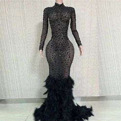 Black Luxury Rhinestones Grand Feather Sexy Sheath Dress Evening Party Performance Costume Bar Nightclub Singer Dancer Stage Wea