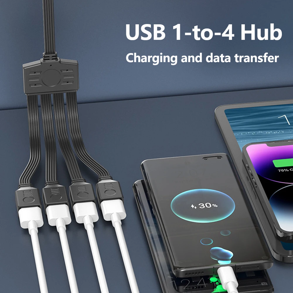 USB 1-to-4 Hub 90-degree Elbow Cables Compatible for Computers Mice Keyboards USB Flash Drives Suitable for Car-mounted OTG Use
