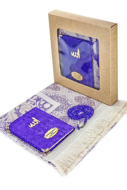 Kadife Yasin Book Bag Boy Name Plakalı Prayer Rug Tesbihli Boxed Purple