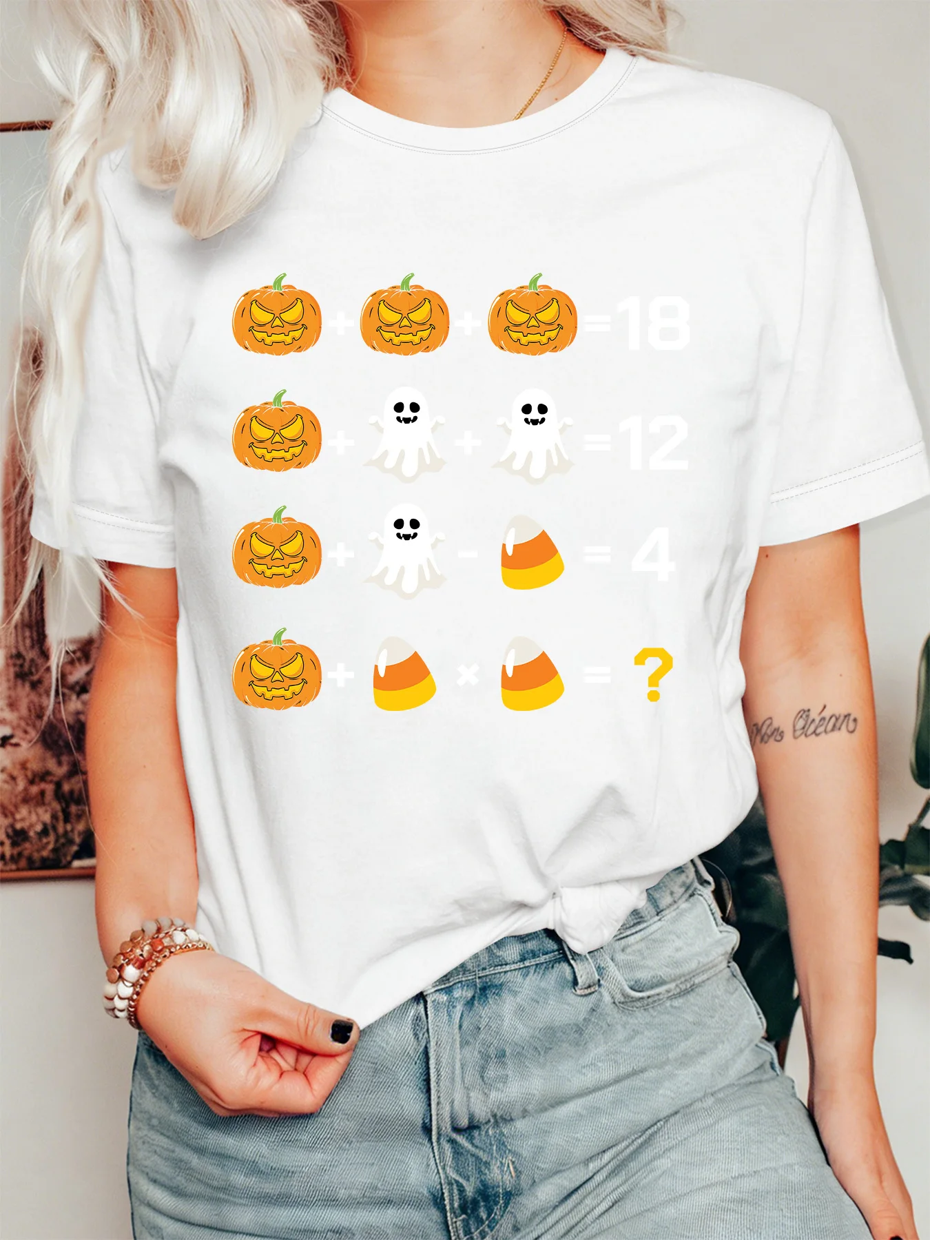 Fun Halloween Math Womens T Shirt Pumpkin Ghost Candy Corn Calculation Puzzle Print Short Sleeve O Neck Teacher Gift Daily Tops