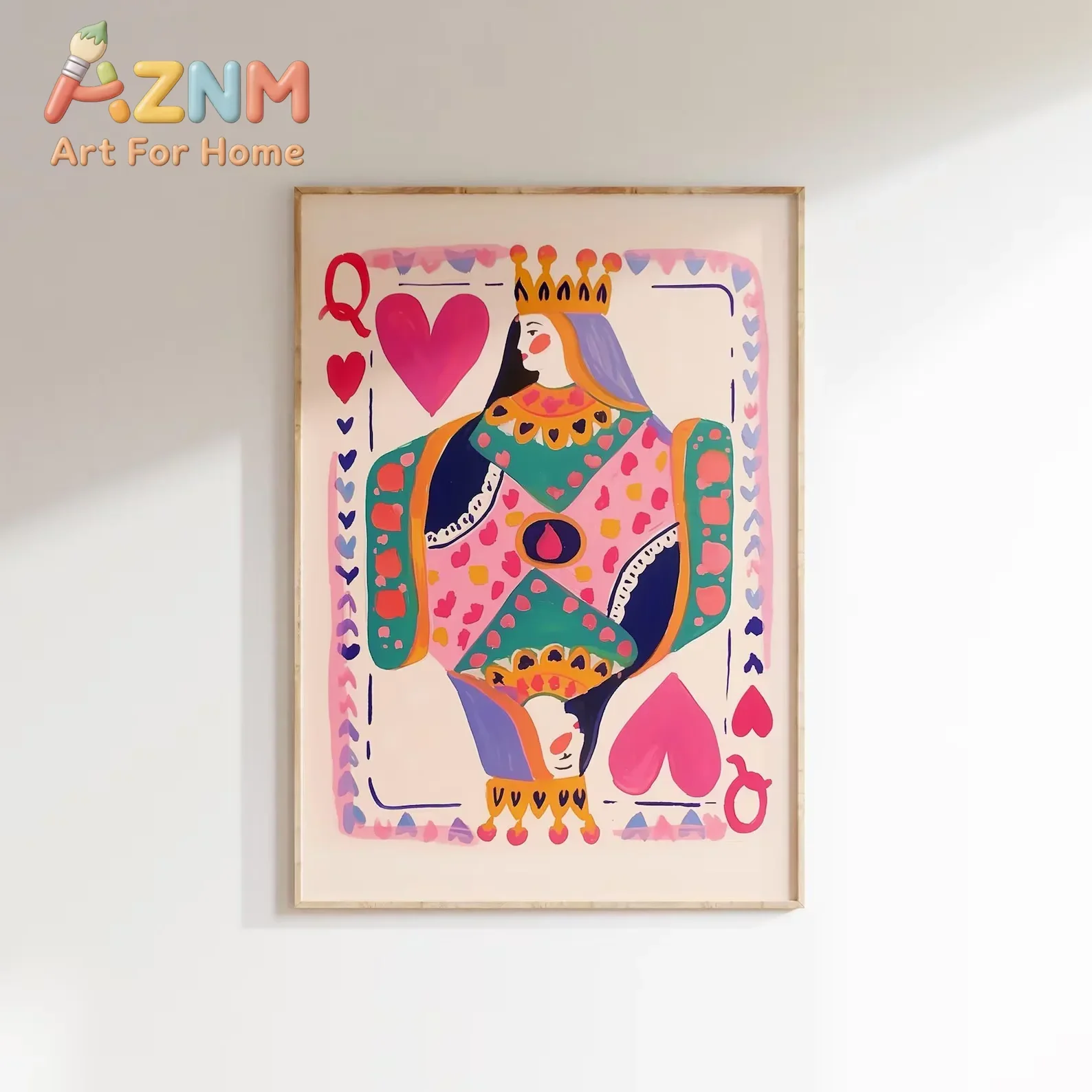 Queen of Hearts Wall Art Print | Colorful Playing Card Digital Download | Maximalist Card Decor | Dopamine Queen Illustration