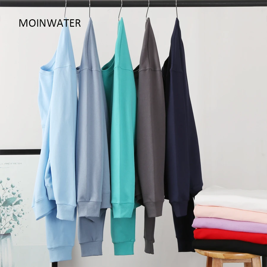 MOINWATER New Women Cotton Terry Sweatshirts Female Light Blue Hoodies Lady Casual Long Sleeve Tops for Spring Autumn MH2202