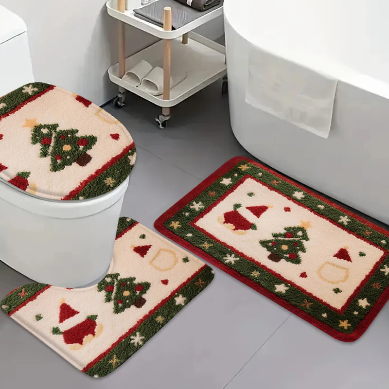 3pcs Christmas Bathroom Foot Mats, Home Bathroom Absorbent Pads, U-Shaped Toilet Cushions, Shower Door Mat, Flannel Carpets