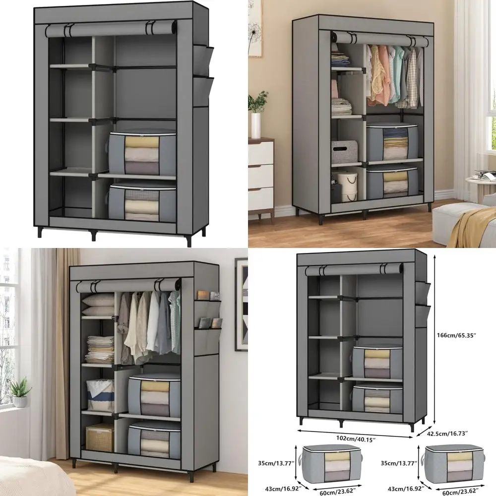

Портативный шкаф-гардероб с 6 полками и перекладиной для одежды, органайзер для хранения в спальне, серый, из нетканого материала, с 4 боковыми карманами и 2 отсеками для хранения