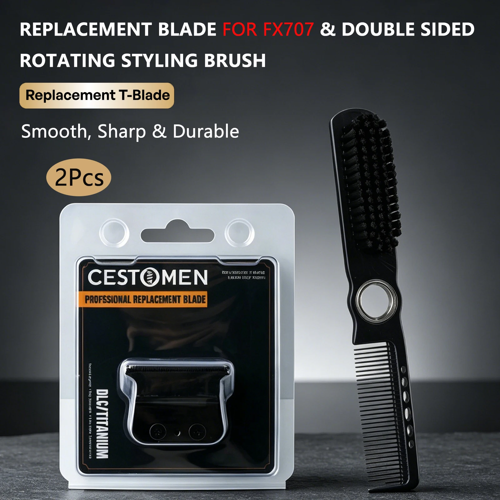 2Pcs Set Barber Tools FX707 Replacement T Blade For BabylissPro FX787 FX726 Hair Trimmer & Double‑Sided Rotatable Styling Brush