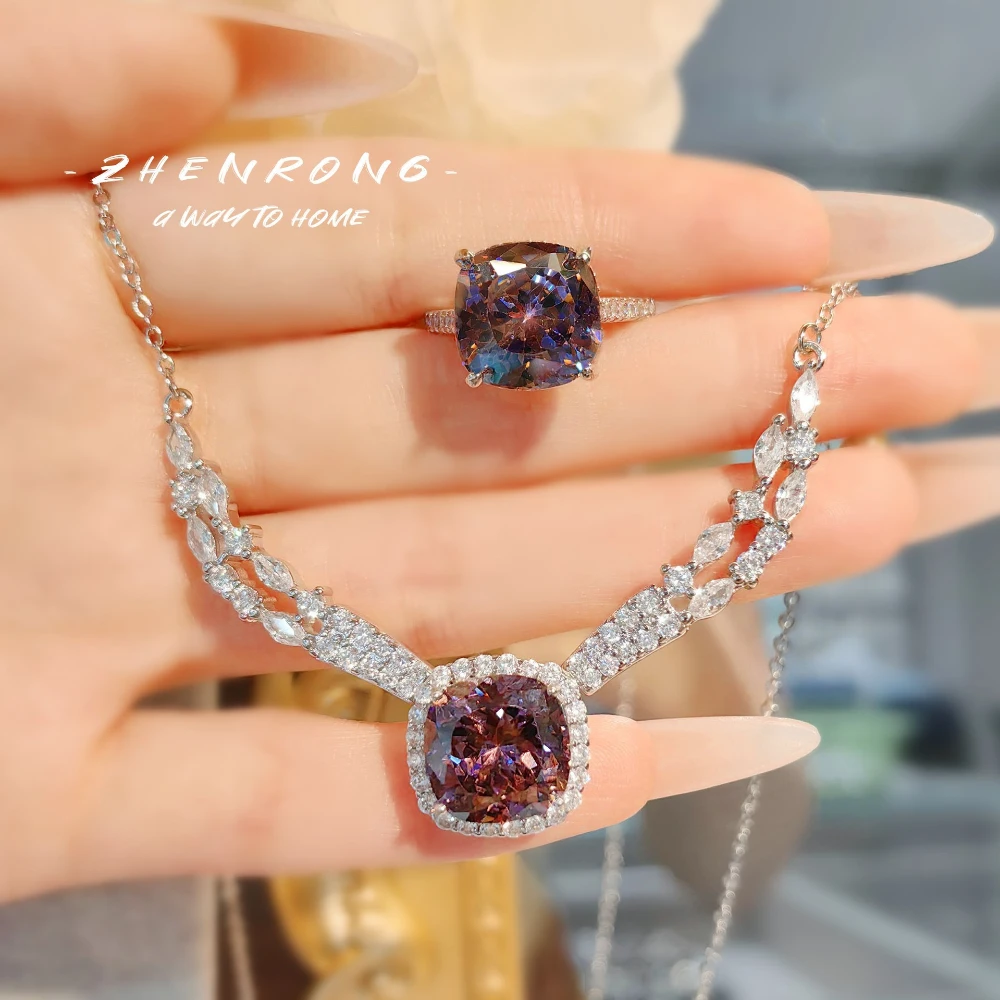 Women 925 Silver Color Princess Cut Purple Ring Necklace Angel Wings High Carbon Lab Diamond Wedding Engagement Jewelry Sets