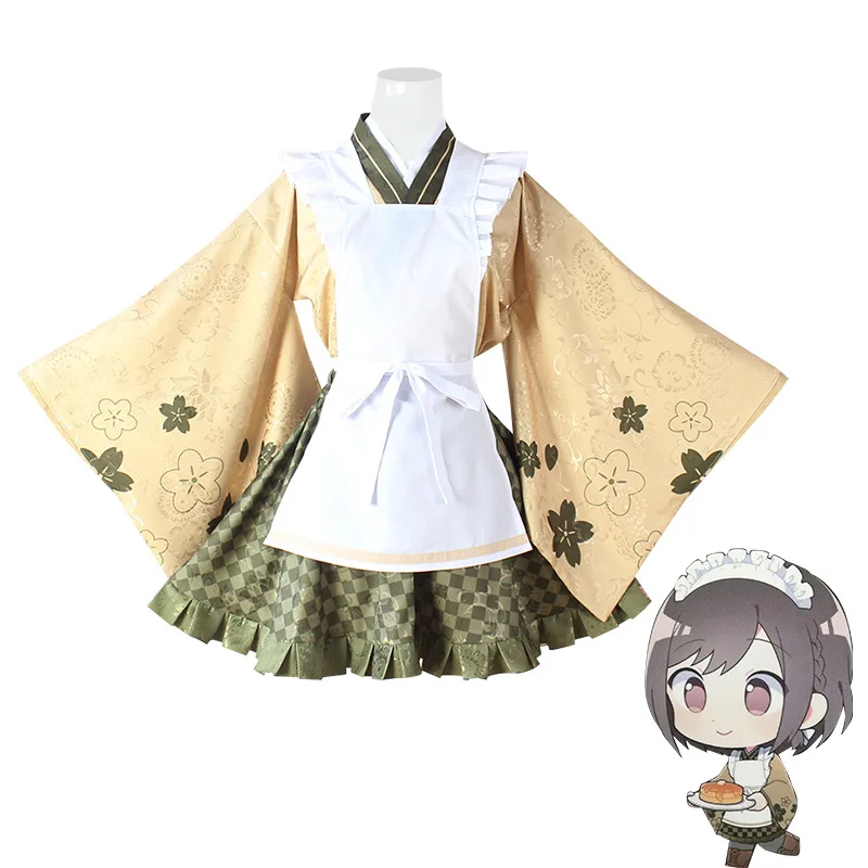 

Anime World Project Colorful Stage Cos Costume Higashigumo Eina Surrounding Khaki Kimono Maid Apron Halloween Costumes for Women