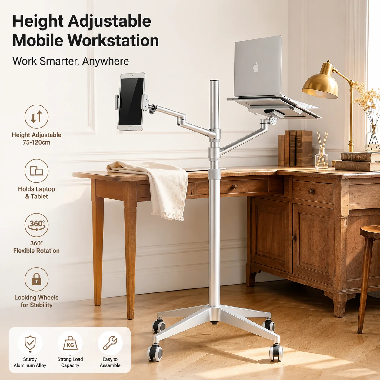 Height-Adjustable Mobile Laptop Stand with Casters – Bedside, Office, or Conference Use