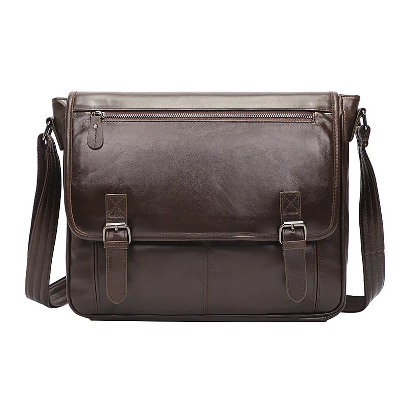 Men Retro Crossbody Bag Top Grain Cowhide Solid Color Horizontal Large Capacity Casual Messenger Bag