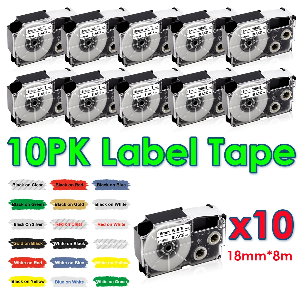 

10PK 18mm Labels XR-18WE Compatible for Casio XR18WE XR-18X XR-18RD XR-18BU XR-18YW Label Tape for Casio KL-120 130 Label Maker