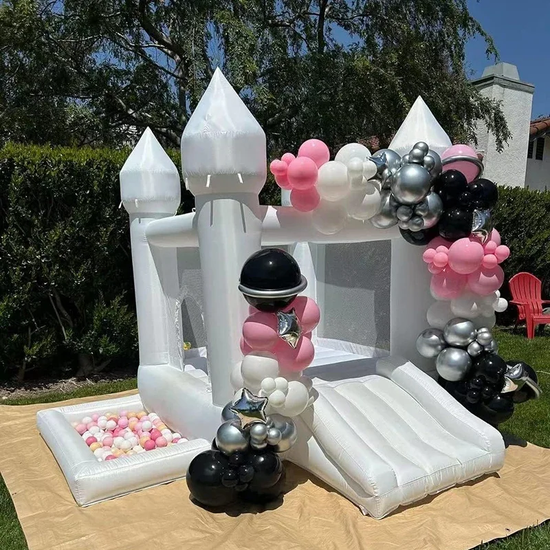 Casa inflable de rebote de boda blanca de 9 pies con castillo inflable deslizante para niños, trampolín de juego de fiesta de salto con soplador UL al aire libre
