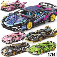 HUIQIBAO 1:14 Racing Car Technical Model Building Blocks MOC Led line Bricks Display box Children City Construction Toy Boy Game