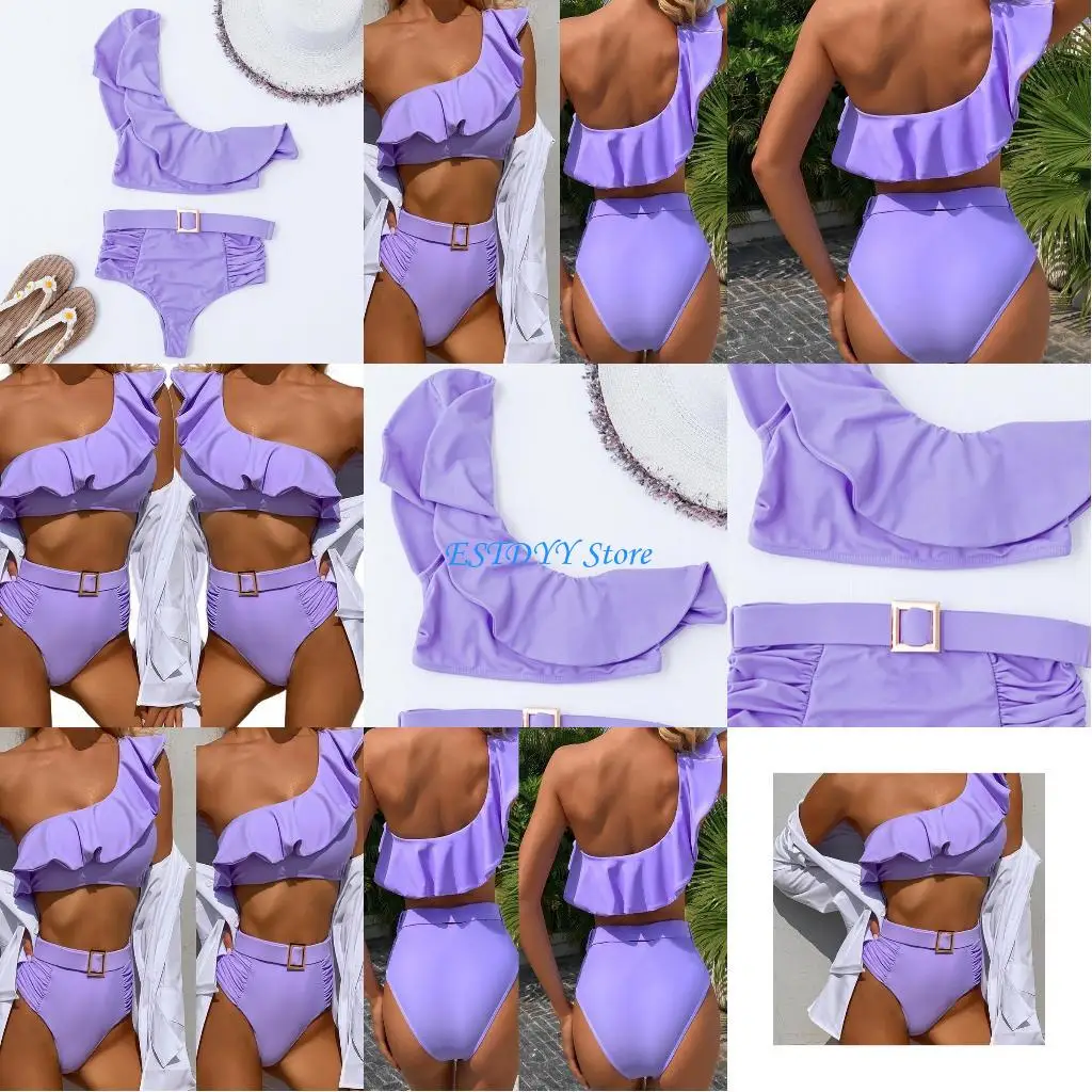 

G6DE Women Sexy 2pcs Set Shoulder High Waist Solid Color Swimsuit