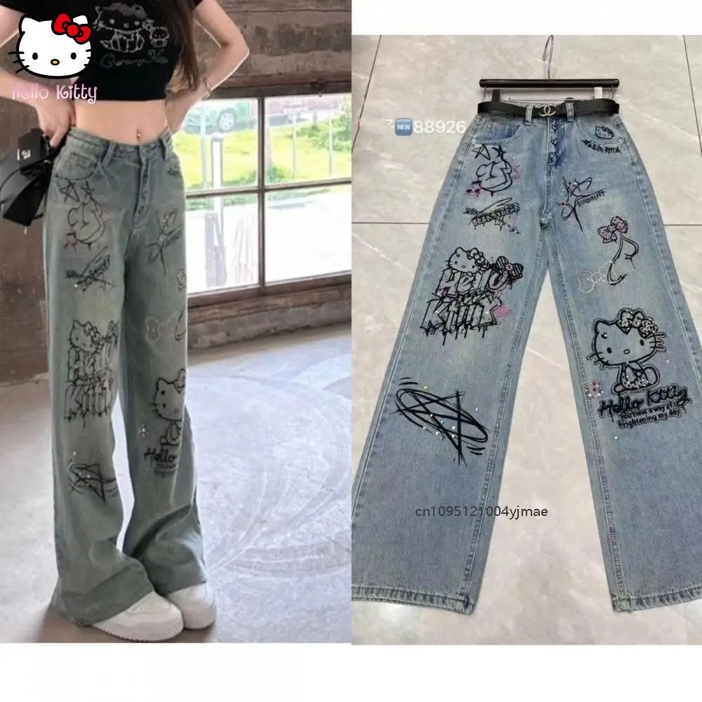 Y2k sanrio hello kitty jeans dos desenhos animados calças compridas anime calças de perna reta bonito retro cintura alta jeans doce meninas estudante